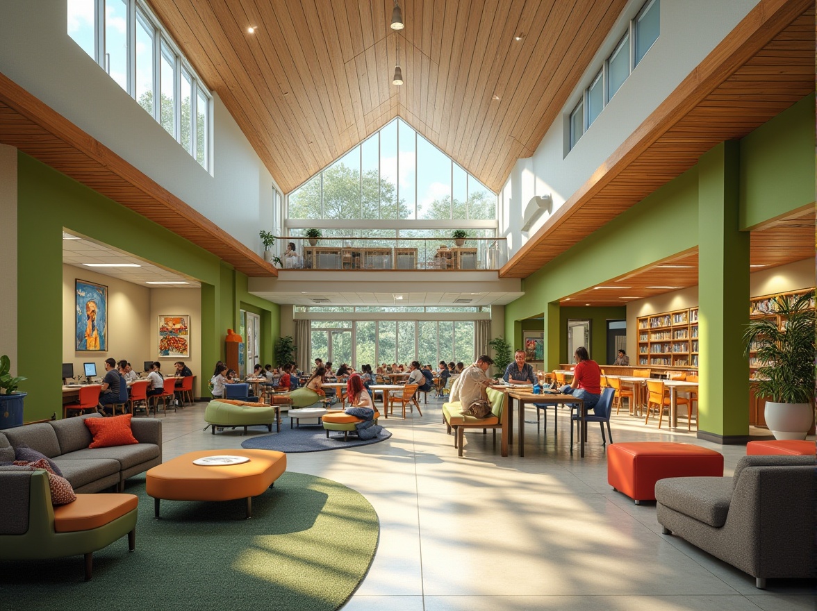 Prompt: Vibrant community center, natural light-filled atrium, comfortable seating areas, wooden accents, green walls, eclectic artwork, modern architecture, open floor plans, collaborative workspaces, cozy reading nooks, interactive exhibits, playful children's zones, accessible ramps, inclusive amenities, warm color schemes, textured carpets, inviting signage, flexible furniture layouts, adaptable event spaces, dynamic lighting systems, shallow depth of field, 3/4 composition, realistic textures, ambient occlusion.