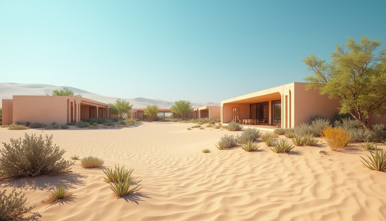 Prompt: Arid desert landscape, sandy dunes, cactus plants, hot sunny day, clear blue sky, vast open space, modern desert architecture, natural ventilation systems, windcatchers, Mashrabiya-inspired windows, lattice screens, shaded outdoor spaces, misting systems, evaporative cooling technologies, green roofs, eco-friendly materials, Arabic-inspired patterns, vibrant colorful textiles, intricate geometric motifs, clerestory windows, solar chimneys, thermal mass walls, earth-sheltered buildings, passive ventilation strategies, cross-ventilation designs.