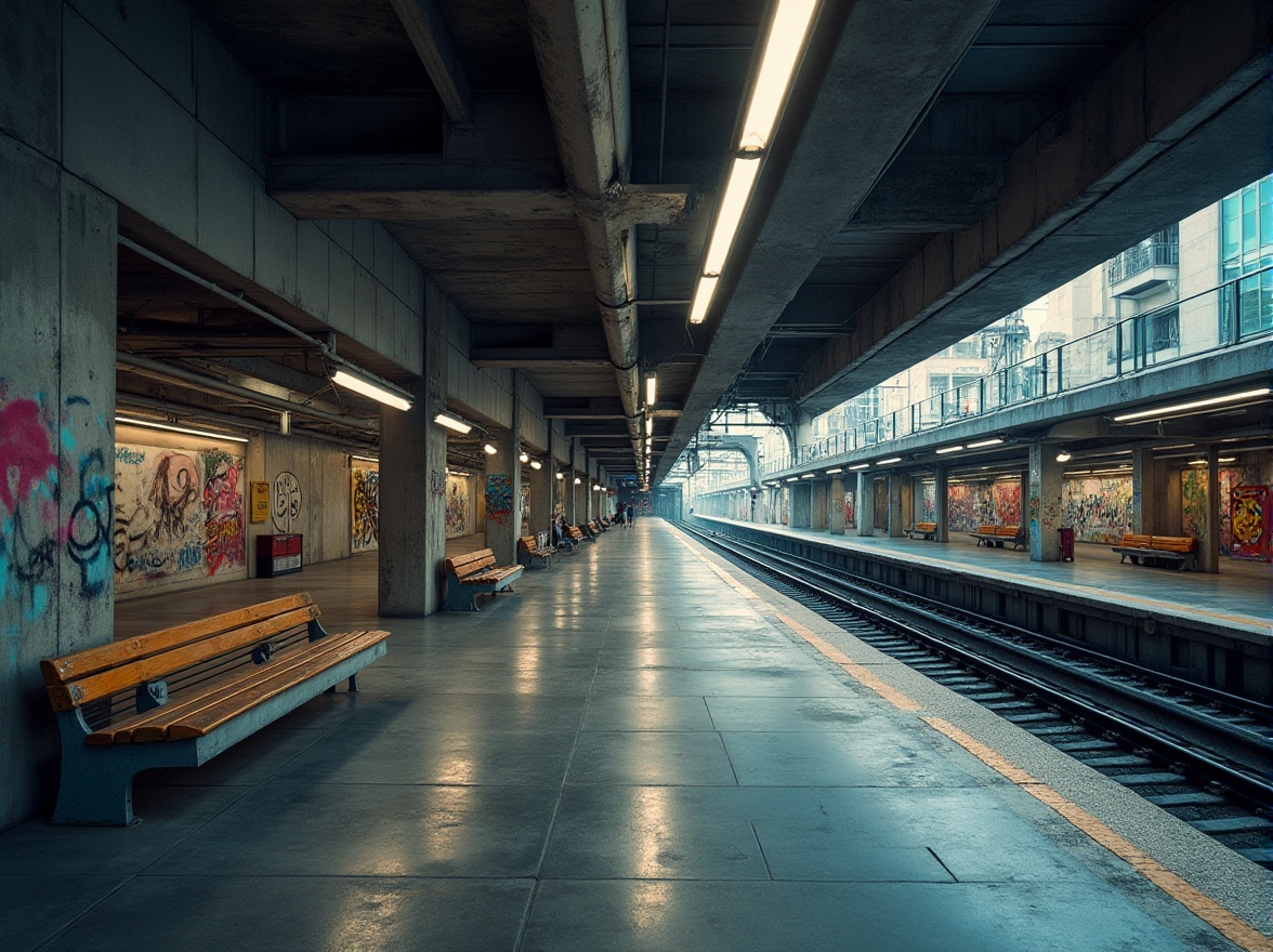 Prompt: Urban metro station, modern brutalist architecture, exposed concrete walls, rough stone floors, metallic railings, LED lighting strips, futuristic glass roofs, industrial-chic atmosphere, raw material textures, urban decay patterns, distressed metal accents, weathered wood benches, vibrant graffiti murals, bustling city sounds, busy pedestrian traffic, shallow depth of field, 3/4 composition, dramatic high-contrast lighting.