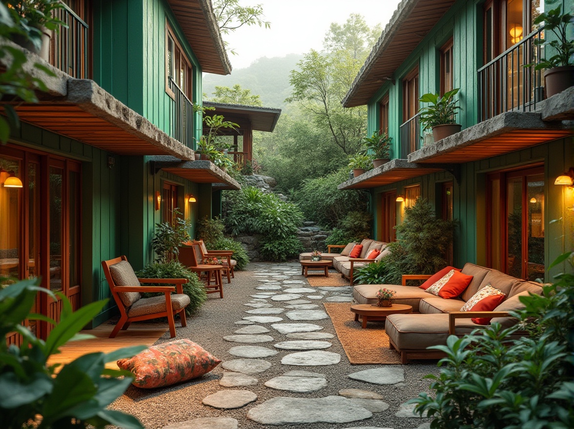 Prompt: Cozy hostel courtyard, lush green walls, natural stone pathways, wooden accents, modern minimalist furniture, eclectic decor, vibrant colorful textiles, communal seating areas, ambient warm lighting, shallow depth of field, 1/1 composition, realistic textures, soft focus effect; integration with surrounding landscape, rolling hills, serene forest views, misty morning atmosphere, warm sunny day, gentle breeze, natural ventilation systems, eco-friendly materials, sustainable energy solutions.