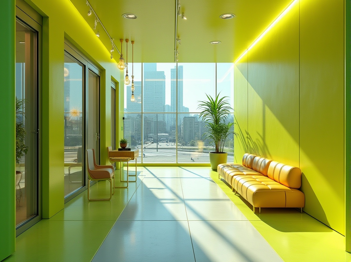 Prompt: Vibrant lime green accents, bold citrus hues, modern minimalist aesthetic, sleek metallic surfaces, glossy finishes, bright airy atmosphere, natural daylight, urban cityscape, trendy boutique storefronts, abstract geometric patterns, 3D visual effects, neon light installations, futuristic design elements, electric blue undertones, warm beige backgrounds, dynamic contrast ratios, high-saturation colors, avant-garde art pieces, eclectic interior decor, statement furniture pieces, whimsical decorative accessories.