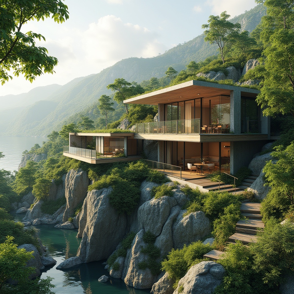 Prompt: \Scenic mountainous backdrop, lush green forests, serene lakeside, meandering walking trails, natural stone walls, wooden decks, cantilevered overhangs, large windows, sliding glass doors, seamless indoor-outdoor transitions, modern minimalist architecture, sustainable building materials, energy-efficient systems, rooftop gardens, living walls, verdant fa\u00e7ades, organic shapes, earthy color palette, warm soft lighting, shallow depth of field, 3/4 composition, panoramic view, realistic textures, ambient occlusion.\Please let me know if this meets your requirements!