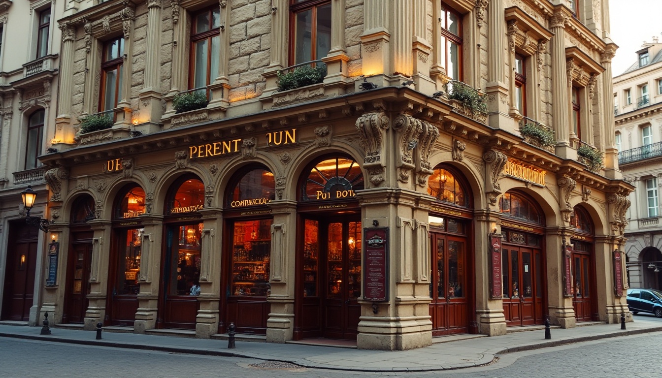 Prompt: Grandiose pub facade, ornate classical details, warm beige stone walls, rusticated base, Corinthian columns, arched windows, ornamental balustrades, decorative pediments, lavish gilding, rich wood accents, stained glass doors, vintage signage, bustling street scene, soft morning light, shallow depth of field, 1/2 composition, realistic textures, ambient occlusion.