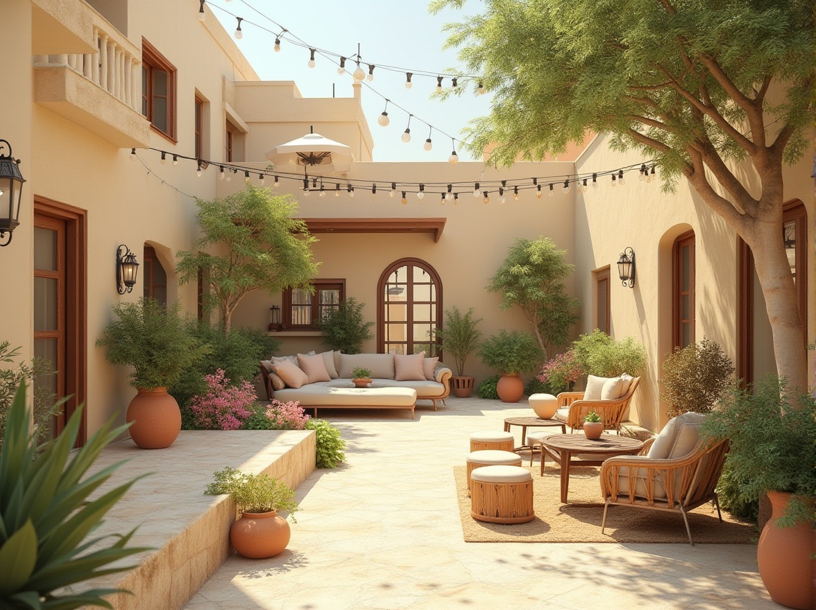 Prompt: Warm beige buildings, soft cream walls, calming greenery, gentle flower arrangements, cozy outdoor furniture, natural wood accents, earthy terracotta pots, serene water features, peaceful bird sounds, warm sunny day, soft diffused lighting, shallow depth of field, 1/1 composition, intimate courtyard, realistic textures, ambient occlusion.