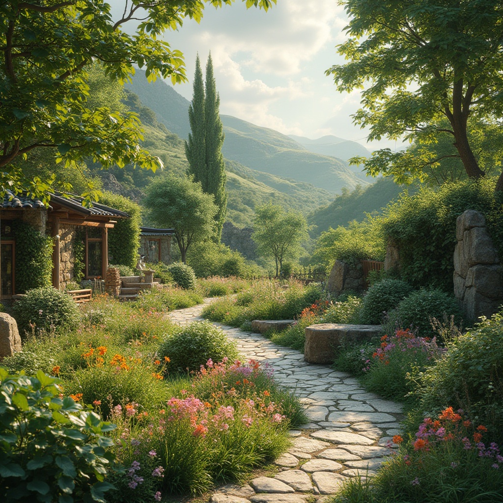 Prompt: Serene natural scenery, lush greenery, vibrant flowers, meandering pathways, rustic stone walls, wooden benches, tranquil water features, birdhouses, blooming trees, warm sunny day, soft warm lighting, shallow depth of field, 3/4 composition, panoramic view, realistic textures, ambient occlusion, rolling hills, wildflower meadows, native plant species, organic garden design, eco-friendly materials, sustainable irrigation systems, outdoor seating areas, natural stone pavers.