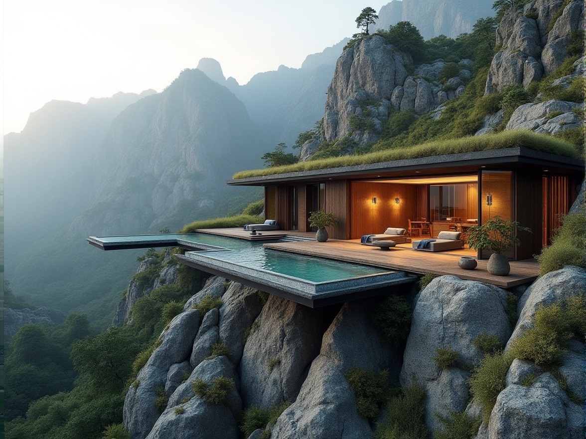 Prompt: Mountainous landscape, rugged terrain, natural stone walls, green roofs, living walls, water features, infinity pools, wooden decks, cantilevered structures, minimalist architecture, large windows, sliding glass doors, seamless indoor-outdoor transitions, warm ambient lighting, soft focus, shallow depth of field, 2/3 composition, symmetrical balance, realistic textures, subtle color grading.