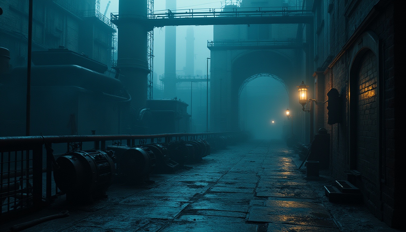 Prompt: Moody atmospheric landscape, Prussian blue dominant color scheme, dark mysterious shadows, misty foggy weather, industrial architecture, old factories, rusty metal bridges, worn stone walls, vintage nautical equipment, distressed wood textures, antique machinery parts, rich velvet fabrics, ornate gold frames, dramatic spotlighting, high contrast ratio, cinematic composition, shallow depth of field, mysterious ambiance, eerie silence.