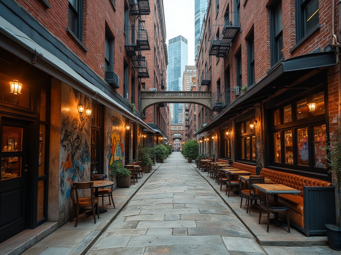 Prompt: Rustic urban streetscape, weathered brick facades, rough stone walls, metallic railings, glassy skyscrapers, smooth concrete sidewalks, intricate mosaics, vibrant graffiti murals, industrial steel beams, exposed ductwork, reclaimed wood accents, polished marble floors, distressed leather upholstery, warm ambient lighting, shallow depth of field, 1/1 composition, realistic reflections, high-contrast shading.