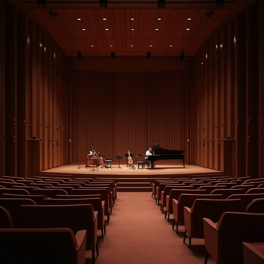 Prompt: Intimate concert hall, rich wood tones, velvety darkness, plush seating, sound-absorbing materials, precise speaker placement, state-of-the-art audio equipment, reverberation control, echo reduction, optimized acoustics, warm lighting ambiance, subtle stage design, grand piano, string instruments, soft carpeting, soundproofing, 1/2 composition, shallow depth of field, realistic textures.