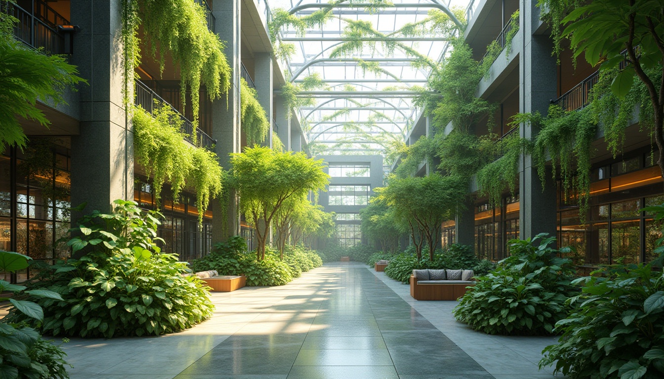 Prompt: Breezy atrium, lush green walls, natural light pouring, openable windows, ventilation grills, solar chimneys, wind catchers, clerestory roofs, operable skylights, double-glazed facades, thermal mass materials, radiant cooling systems, evaporative cooling towers, shading devices, overhangs, louvers, cross-ventilation layouts, stack effect principles, air flow simulations, climate-responsive design, biophilic architecture, sustainable building practices, energy-efficient solutions, healthy indoor environments.