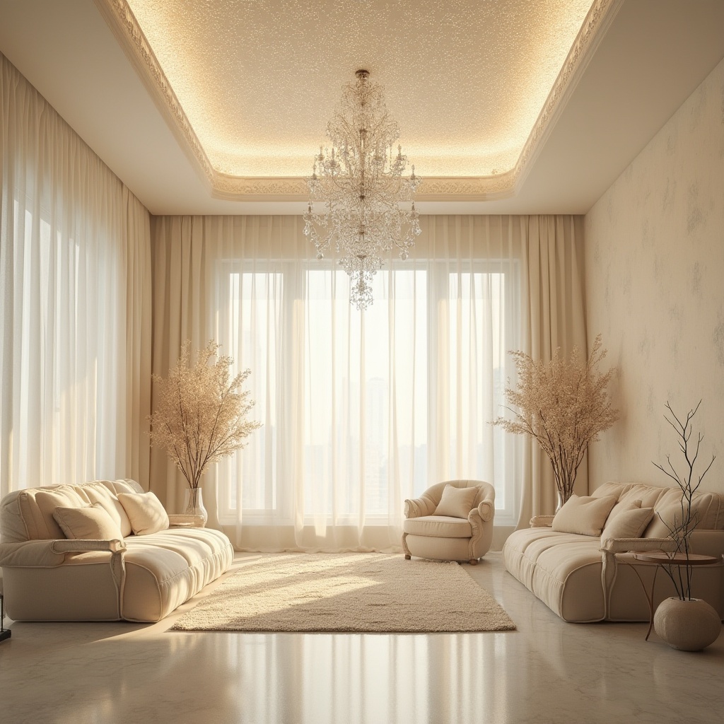 Prompt: Ethereal interior, delicate filigree, luminous ceiling panels, diaphanous curtains, crystal chandeliers, refractive glass surfaces, subtle color palette, warm beige tones, creamy whites, pale grays, natural textiles, woven fibers, organic forms, minimalist decor, subtle patterns, ambient illumination, soft diffused light, 1/1 composition, shallow depth of field, realistic textures.