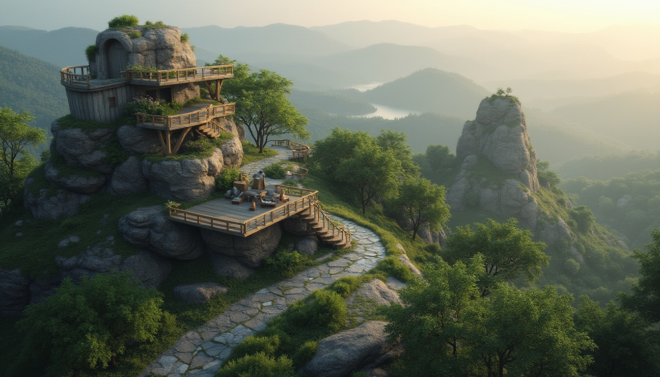 Prompt: Watchtower amidst rolling hills, lush green forests, meandering stone paths, natural rock formations, wooden observation decks, telescopes, binoculars, scenic lookout points, panoramic views, misty mornings, warm sunlight, soft focus, atmospheric perspective, 1/2 composition, realistic foliage, ambient lighting, moss-covered stones, wooden accents, earthy tones, organic architecture, curved lines, minimalist design.