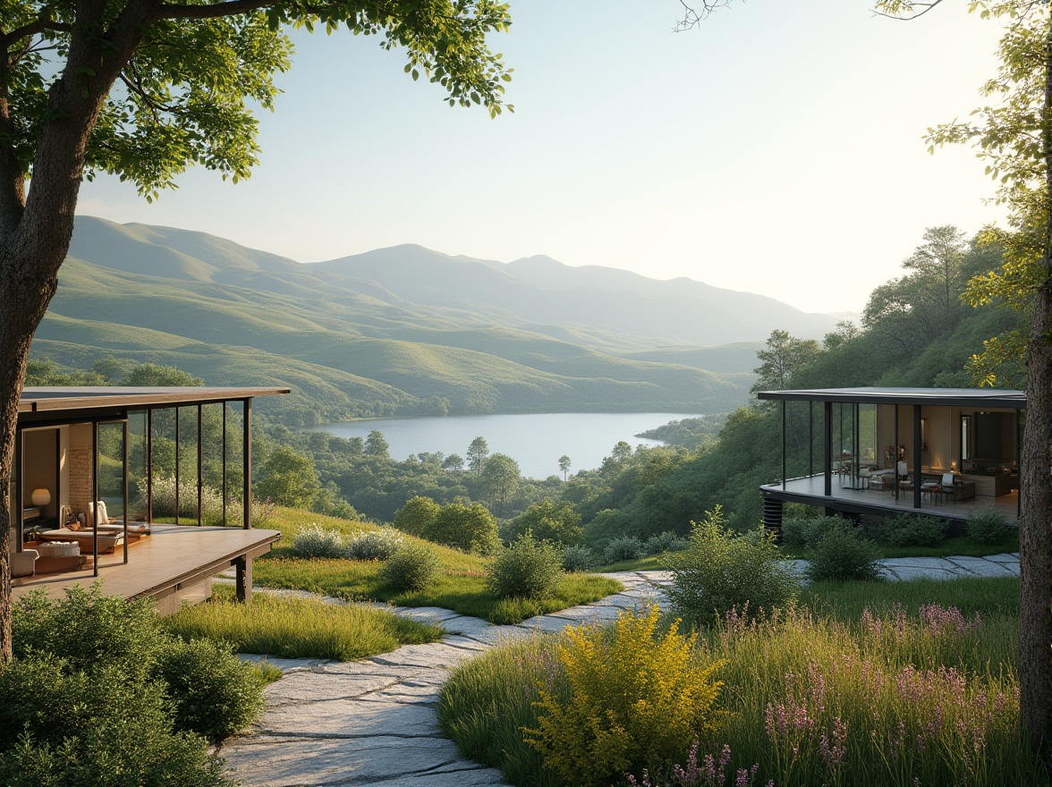 Prompt: Panoramic landscape, rolling hills, serene lake, lush greenery, vibrant wildflowers, meandering walking paths, modern architecture, sleek glass buildings, minimalist design, seamless indoor-outdoor transitions, large windows, sliding doors, natural stone flooring, wood accents, comfortable outdoor furniture, shaded areas, soft warm lighting, realistic textures, ambient occlusion, 3/4 composition, atmospheric perspective.