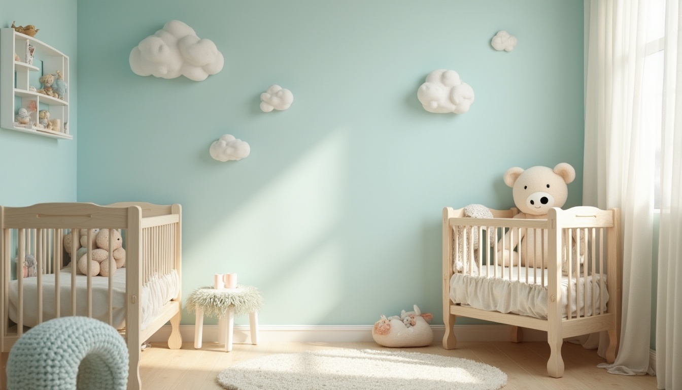 Prompt: Soft baby blue walls, calming nursery atmosphere, delicate lace curtains, vintage wooden cribs, plush toys, gentle cloud patterns, creamy white accents, subtle beige textures, natural light pouring through sheer drapes, cozy reading nook, serene ambiance, shallow depth of field, warm soft focus, 1/2 composition, intimate portrait photography, realistic fabrics, ambient occlusion.