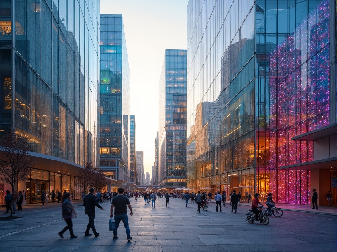 Prompt: Vibrant colored glass facades, iridescent hues, angular modern architecture, sleek metal frames, reflective surfaces, urban cityscape, bustling streets, pedestrian traffic, natural daylight, soft warm illumination, 3/4 composition, shallow depth of field, panoramic view, realistic textures, ambient occlusion.