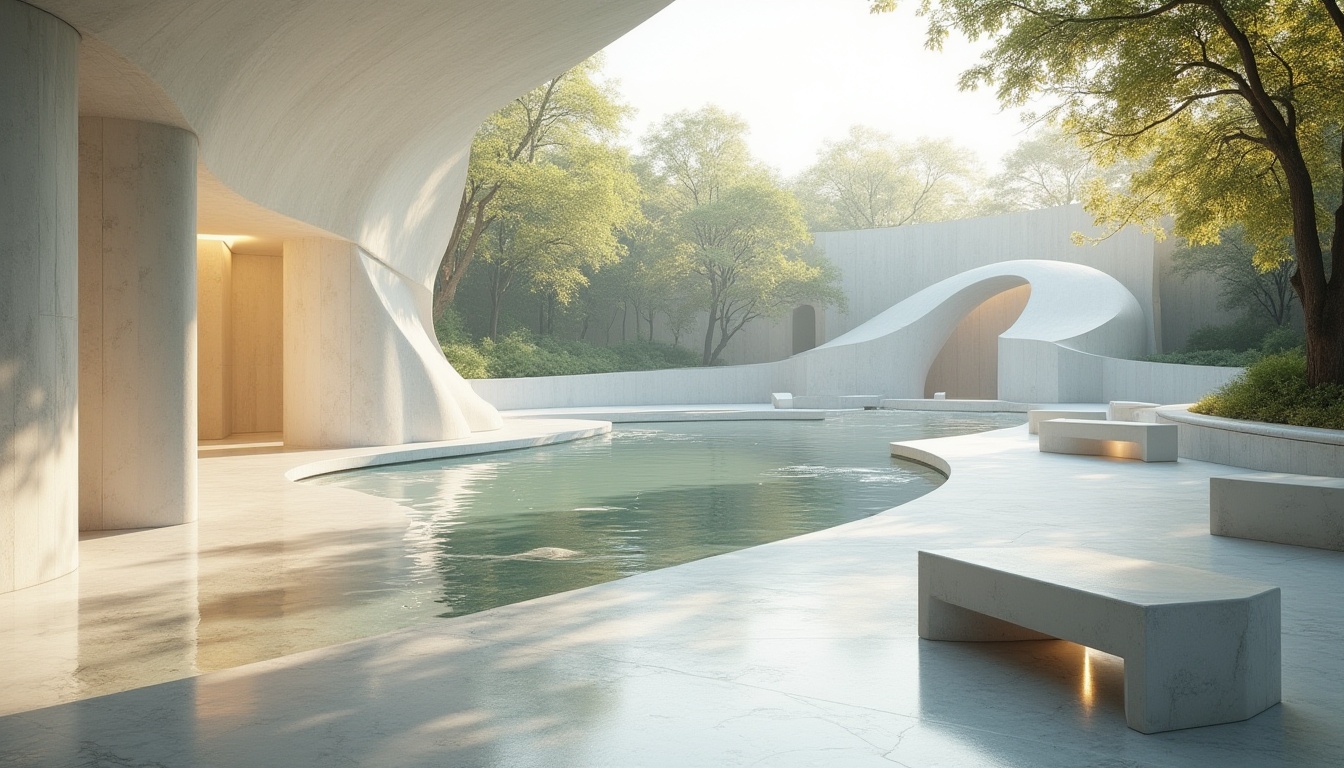 Prompt: Sweeping memorial center, gentle curvilinear forms, harmonious white marble surfaces, subtle natural light, contemplative atmosphere, serene water features, lush greenery, abstract sculptures, minimalist benches, quiet reflection spaces, soft warm lighting, shallow depth of field, 1/2 composition, panoramic view, realistic textures, ambient occlusion.