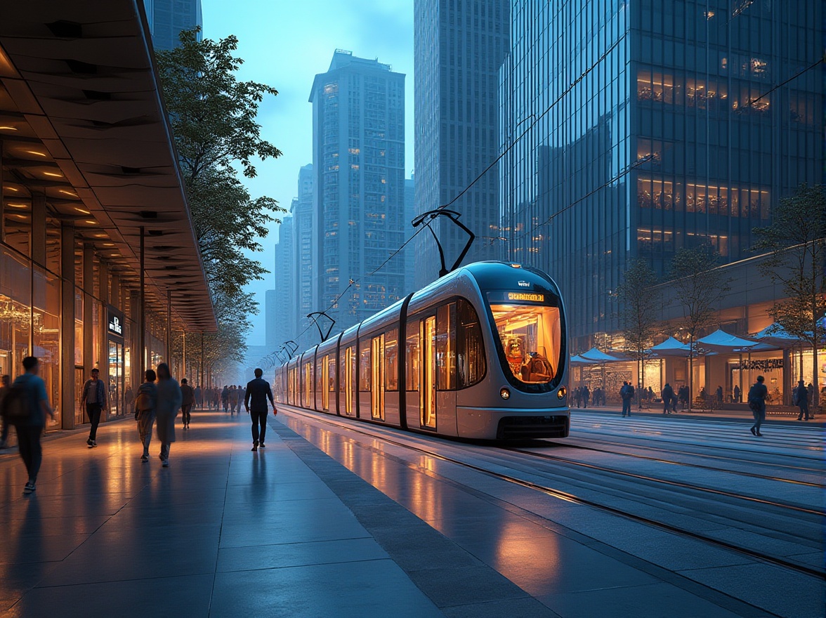 Prompt: Futuristic tram station, dynamic LED light displays, sleek metallic fa\u00e7ades, angular lines, modern curves, cantilevered roofs, transparent glass walls, minimalist design, sustainable energy solutions, solar panels, green roofs, eco-friendly materials, innovative ventilation systems, shaded outdoor spaces, misting systems, urban cityscape, busy streets, pedestrian traffic, vibrant city lights, realistic textures, ambient occlusion, shallow depth of field, 3/4 composition, panoramic view.