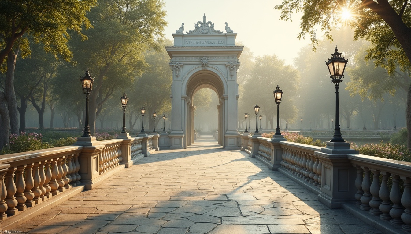 Prompt: Elegant pedestrian bridge, neoclassical arches, ornate balustrades, decorative lampposts, smooth stone pavement, classic columns, symmetrical composition, soft warm lighting, shallow depth of field, 3/4 composition, panoramic view, realistic textures, ambient occlusion, serene water reflections, lush greenery surroundings, vibrant flowers, calm atmosphere, gentle mist, subtle fog effects.