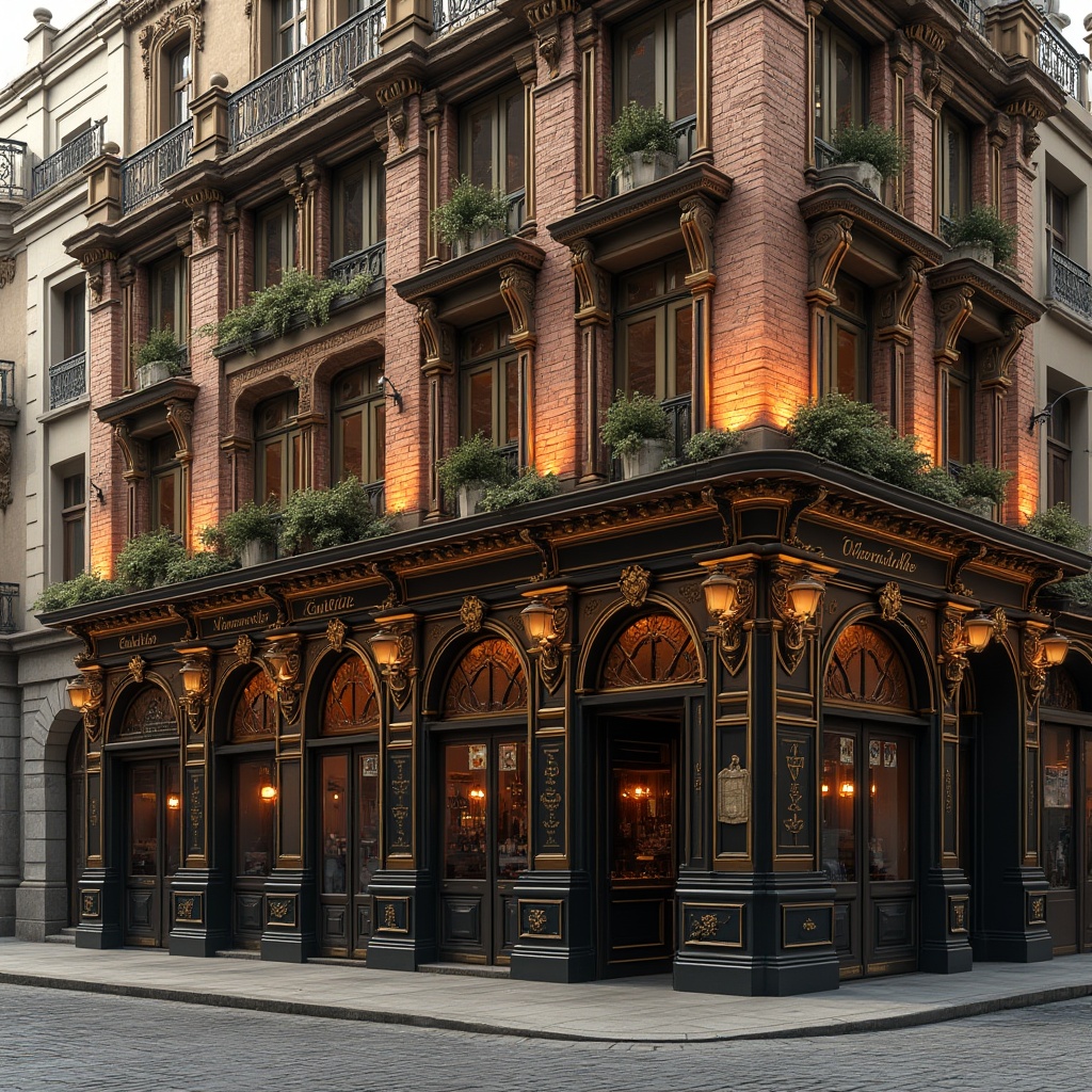 Prompt: Ornate pub facade, classicist columns, grand entranceways, intricate stone carvings, ornamental moldings, symmetrical composition, rusticated base, arched windows, balconies with iron railings, richly textured brick walls, decorative pediments, glazed ceramic tiles, warm golden lighting, shallow depth of field, 2/3 composition, realistic textures, ambient occlusion.Please let me know if this meets your expectations!