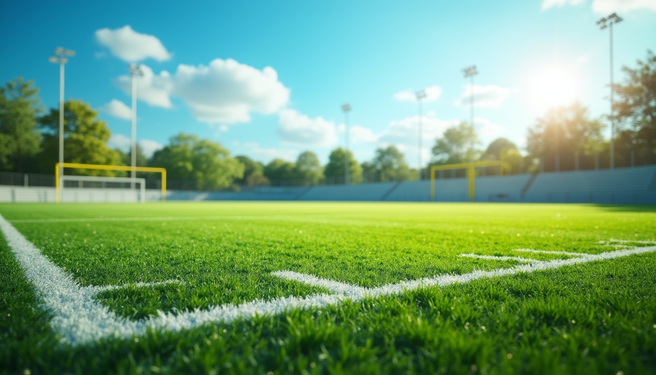 Prompt: Vibrant sports field, lush green grass, bold white lines, bright yellow goalposts, deep blue sky, warm sunny day, natural textures, realistic shading, soft focus effect, shallow depth of field, 1/2 composition, panoramic view, energetic atmosphere, dynamic motion blur, athletic track lanes, soccer nets, football goalposts, baseball diamond shapes, tennis court markings, rugby pitch lines, basketball court designs, bold color accents, modern sports facilities, sleek metal fencing, durable rubber flooring.