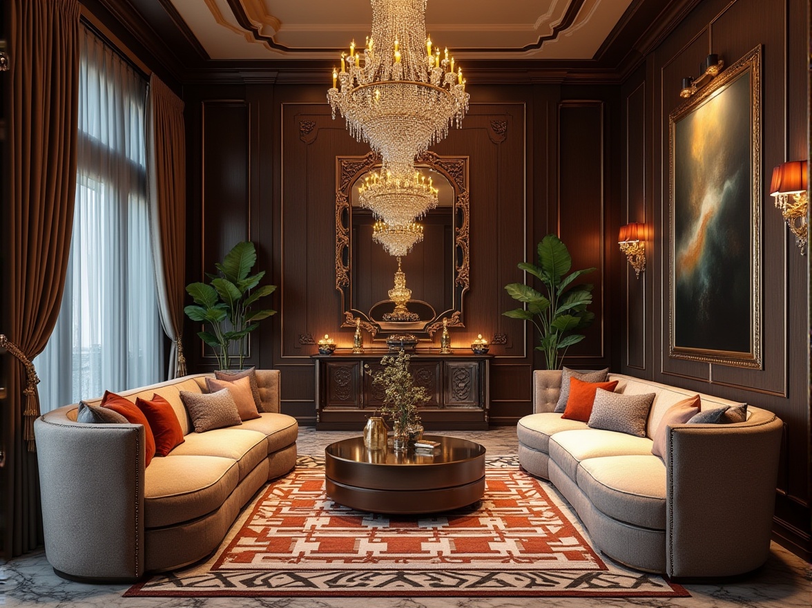 Prompt: Luxurious living room, curved sofas, velvety upholstery, geometric patterned rugs, metallic accents, ornate mirrors, crystal chandeliers, dark wood paneling, marble flooring, bold color schemes, lavish textiles, abstract artwork, glamorous lighting fixtures, circular coffee tables, sleek side tables, opulent drapery, vintage decorative accessories, intricate moldings, symmetrical composition, low-angle shot, warm softbox lighting, detailed textures, subtle ambient occlusion.