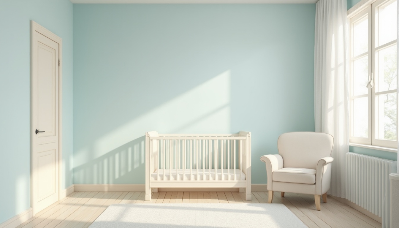 Prompt: Soft baby blue walls, creamy white trim, pastel color scheme, gentle nursery atmosphere, delicate furniture, rounded edges, calming ambiance, natural light, sheer curtains, warm beige flooring, minimal decor, soothing mood, shallow depth of field, 1/1 composition, realistic textures, ambient occlusion.