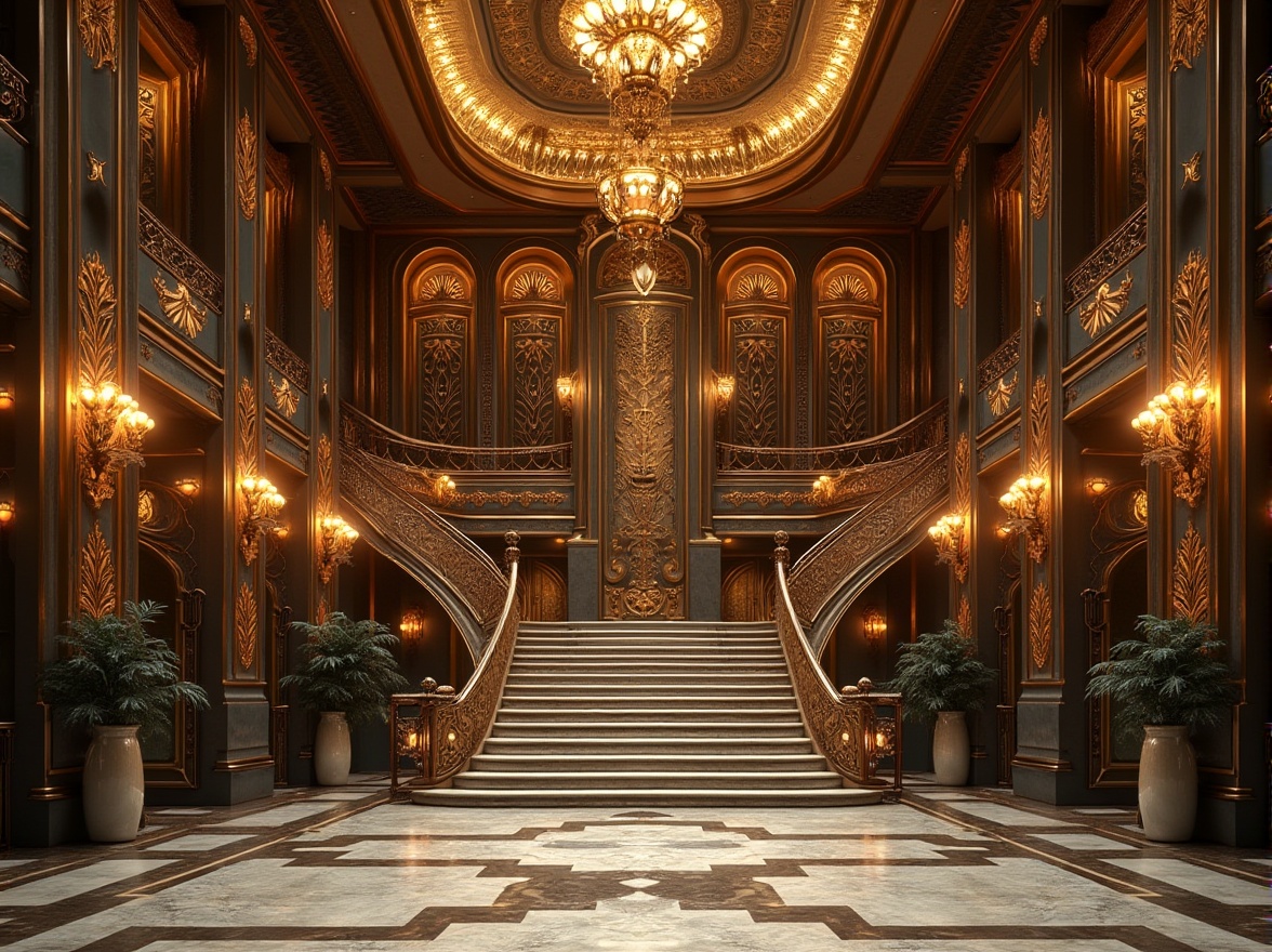 Prompt: Luxurious art deco building, ornate metalwork, geometric patterned facades, zigzag motifs, chevron designs, sunburst patterns, hexagonal tiles, intricate moldings, lavish ornamentation, opulent materials, marble floors, bronze accents, crystal chandeliers, dramatic staircases, grand entrance halls, high-contrast lighting, cinematic camera angles, symmetrical composition, ornate details, vintage glamour, sophisticated ambiance, rich textures, metallic sheen.