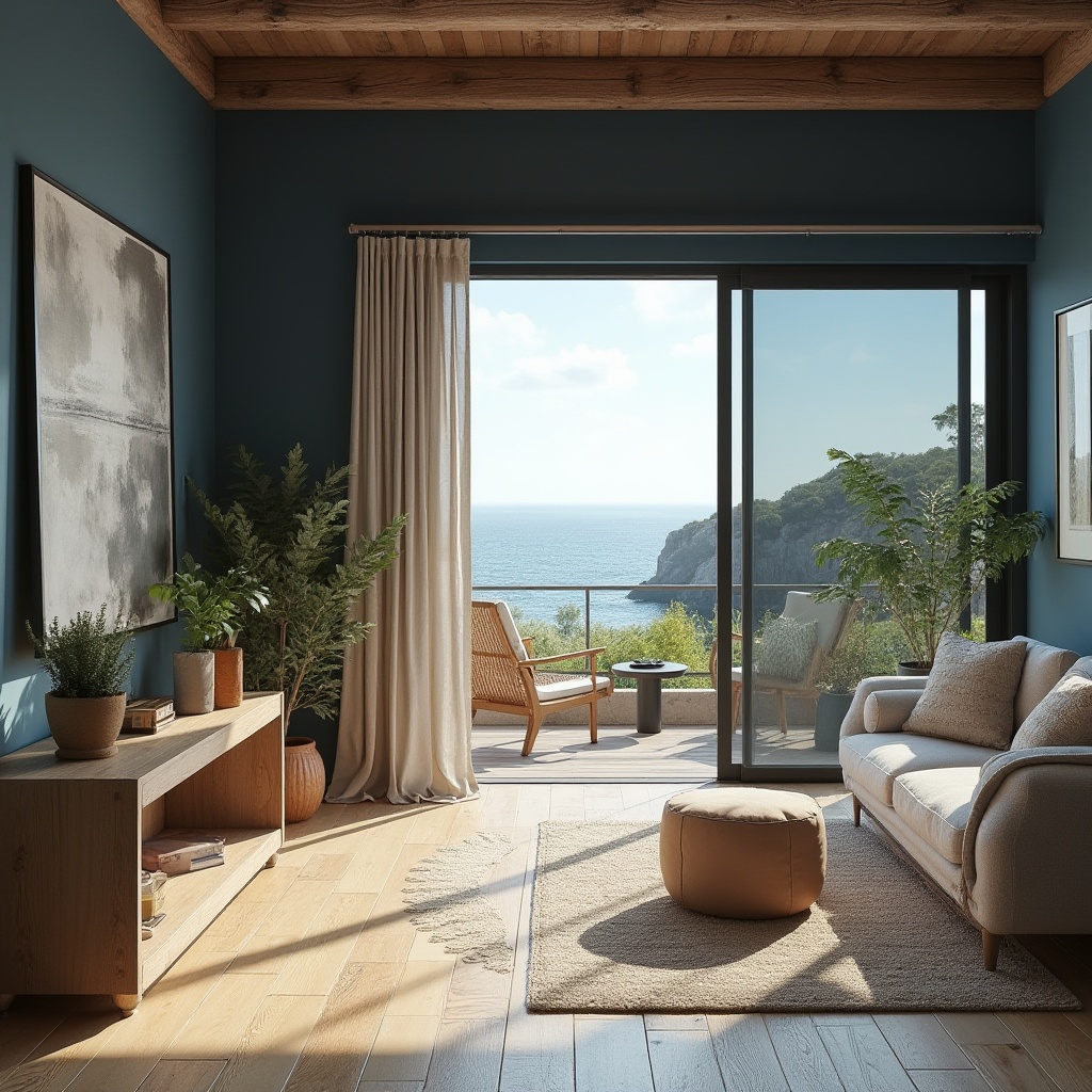 Prompt: Navy blue accent walls, sandy beige floors, rustic wood furniture, natural woven textiles, earthy terracotta pots, coastal landscape views, serene ocean scenery, clear sunny day, soft warm lighting, shallow depth of field, 3/4 composition, realistic textures, ambient occlusion.