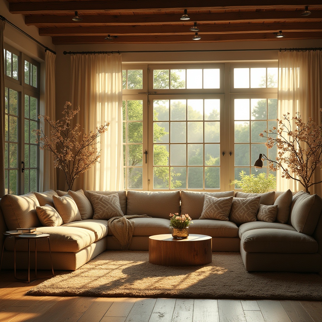 Prompt: Cozy living room, warm natural lighting, large windows, sheer curtains, wooden floors, comfortable sofas, greenery views, blooming flowers, morning sunlight, soft warm glow, shallow depth of field, 3/4 composition, realistic textures, ambient occlusion.