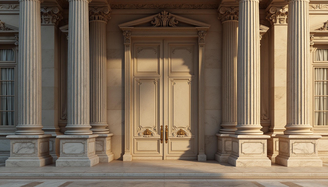 Prompt: Ornate columns, carved marble capitals, fluted shafts, ornamental moldings, neoclassical facade, grand entrance, symmetrical composition, rustic stone base, polished bronze door handles, decorative acanthus leaves, intricate carvings, subtle shadows, warm afternoon light, shallow depth of field, 2/3 composition, realistic textures, ambient occlusion.