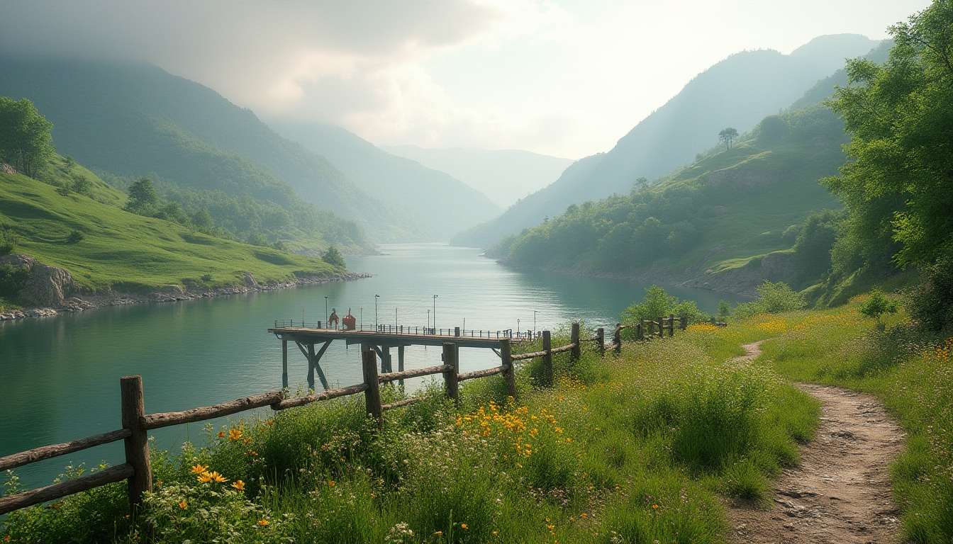 Prompt: Rolling hills, lush green meadows, serene lakeside, wooden docks, walking trails, nature-inspired sculptures, rustic stone walls, weathered wood fences, native plant species, vibrant wildflowers, soft morning light, gentle mist, shallow depth of field, 3/4 composition, panoramic view, realistic textures, ambient occlusion.