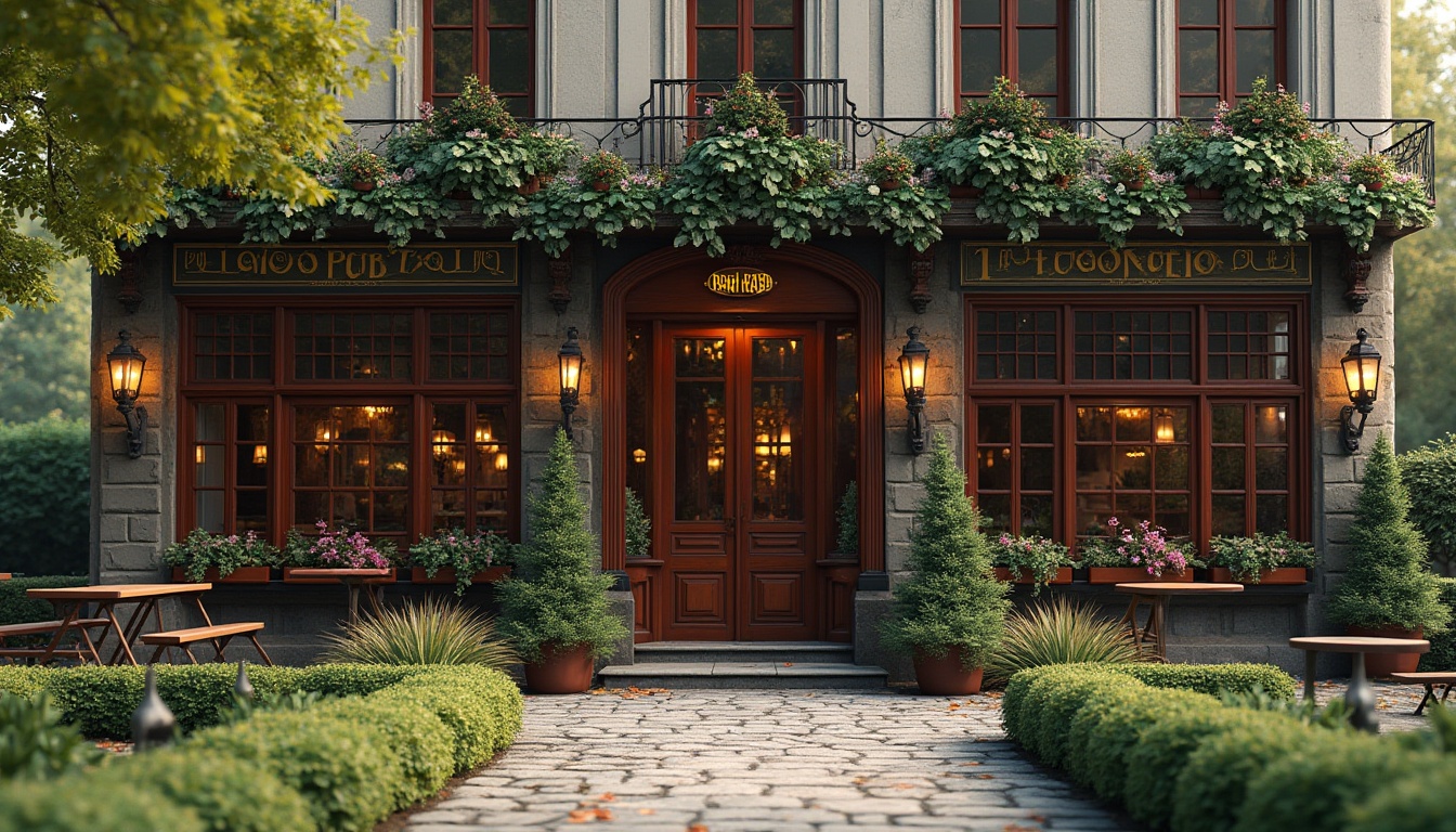 Prompt: Elegant pub facade, classicist architecture, ornate decorations, symmetrical composition, grand entrance, wooden doors, lanterns, lush greenery, manicured lawns, seasonal flower beds, meandering stone pathways, serene water features, rustic benches, natural stone walls, soft warm lighting, shallow depth of field, 3/4 composition, panoramic view, realistic textures, ambient occlusion.