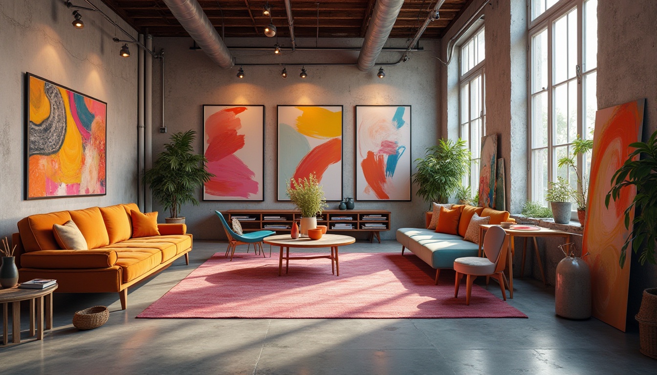 Prompt: Vibrant modern art studio, eclectic furniture pieces, bold brushstrokes, abstract artwork displays, natural wood accents, industrial metal beams, urban loft atmosphere, oversized windows, soft diffused lighting, 1/2 composition, shallow depth of field, warm color tones, pastel hues, neon accents, gradient effects.