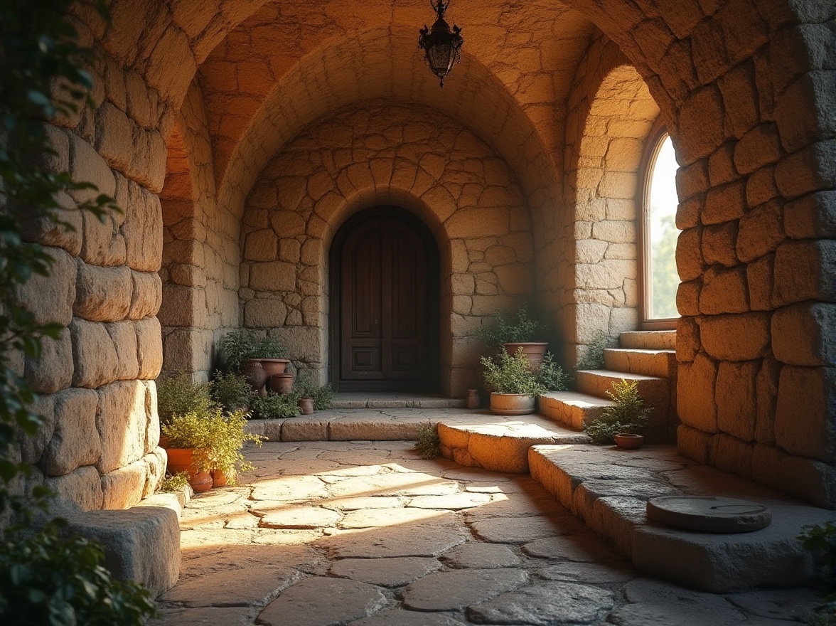 Prompt: Rustic stone walls, earthy tones, natural textures, organic shapes, distressed finishes, vintage charm, cozy ambiance, soft warm lighting, shallow depth of field, 3/4 composition, atmospheric perspective, realistic materials, ambient occlusion.