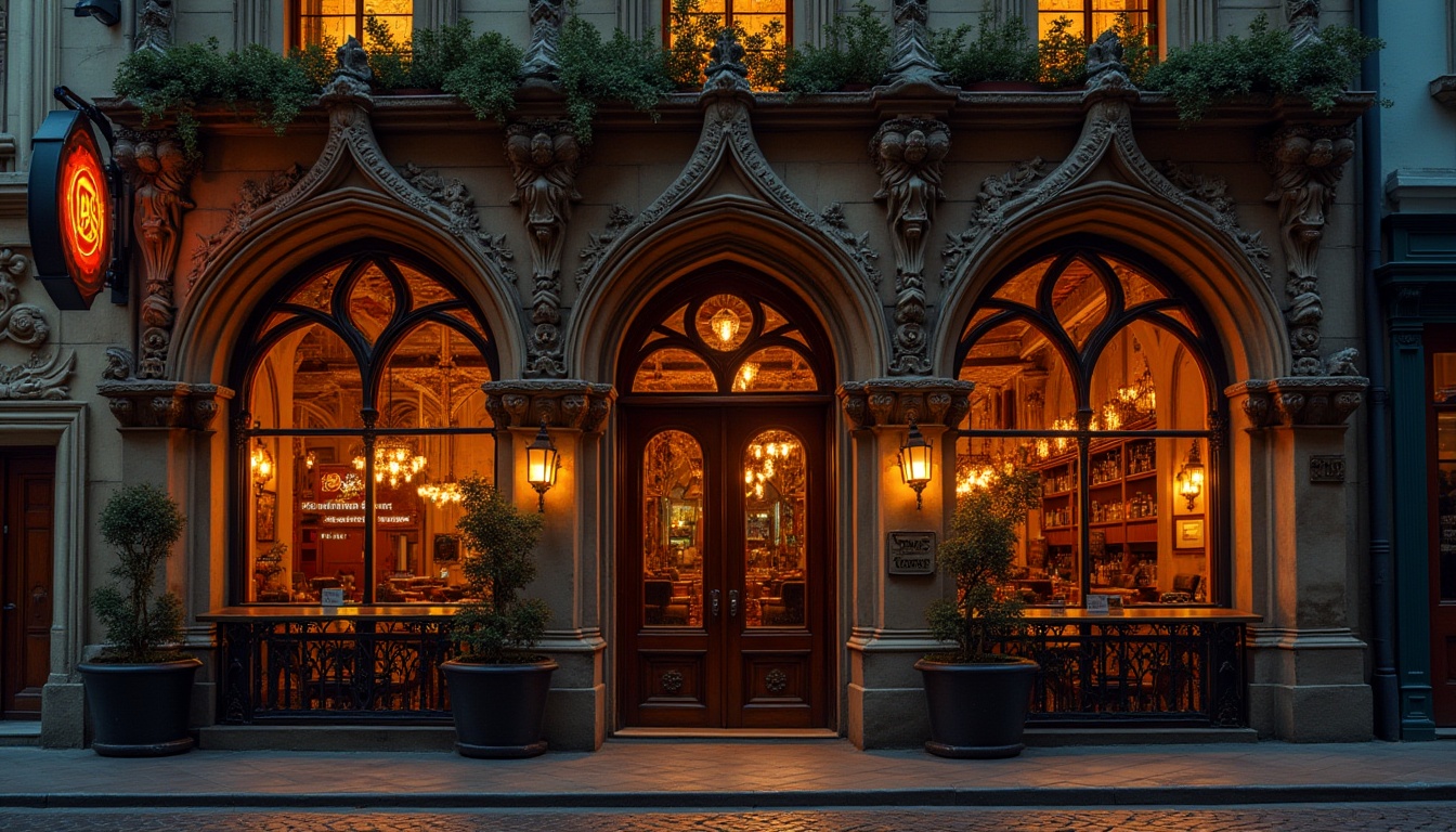 Prompt: Ornate Gothic restaurant facade, grandiose stone carvings, pointed arches, ribbed vaults, flying buttresses, stained glass windows, intricate gargoyles, ornamental ironwork, medieval-inspired signage, rustic wooden doors, dramatic nighttime illumination, warm golden lighting, 3/4 composition, shallow depth of field, realistic textures, ambient occlusion.