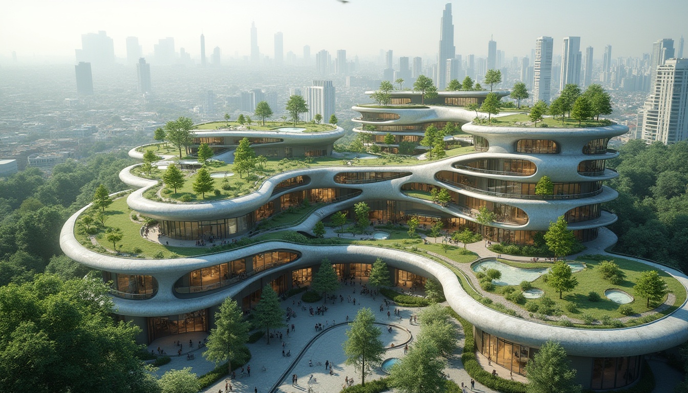 Prompt: Eco-friendly buildings, green roofs, solar panels, wind turbines, water conservation systems, recycled materials, minimal waste, energy-efficient solutions, natural ventilation systems, organic shapes, curved lines, futuristic architecture, sleek metal facades, large windows, panoramic views, urban landscapes, city skylines, bustling streets, vibrant cultural hubs, diverse neighborhoods, inclusive public spaces, accessible pedestrian paths, bike-friendly infrastructure, electric vehicle charging stations, smart home technologies, voice-controlled interfaces, augmented reality displays, sustainable urban planning, resilient cities, climate change mitigation.