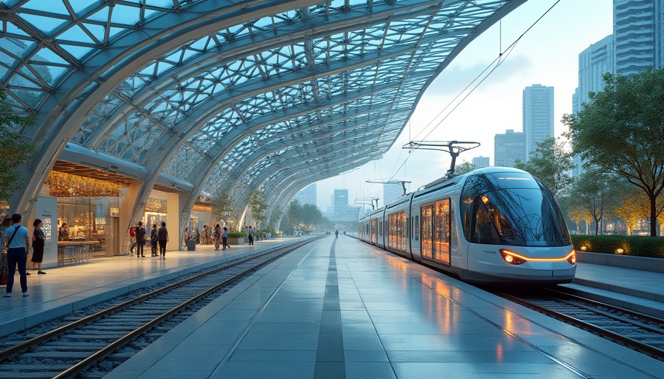 Prompt: Futuristic tram station, curved glass roof, sleek metal framework, dynamic LED lighting, urban cityscape, busy streets, modern architecture, transparent walls, minimalist design, sustainable energy solutions, solar panels, green roofs, eco-friendly materials, innovative cooling technologies, shaded outdoor spaces, misting systems, geometric patterns, vibrant colorful textiles, intricate motifs, angular lines, panoramic view, realistic textures, ambient occlusion.