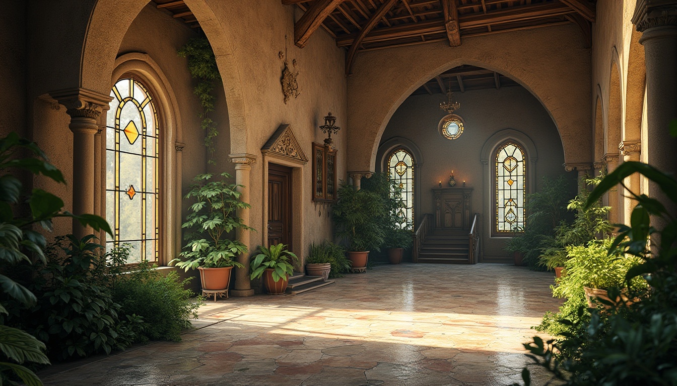 Prompt: Serene monastery courtyard, lush greenery, rustic stone walls, wooden accents, vaulted ceilings, stained glass windows, ornate furnishings, intricate carvings, peaceful ambiance, soft warm lighting, shallow depth of field, 1/1 composition, symmetrical view, realistic textures, ambient occlusion, Renaissance-inspired archways, grand entrance halls, sweeping staircases, ornate chandeliers, rich tapestries, elegant furnishings, subtle color palette.