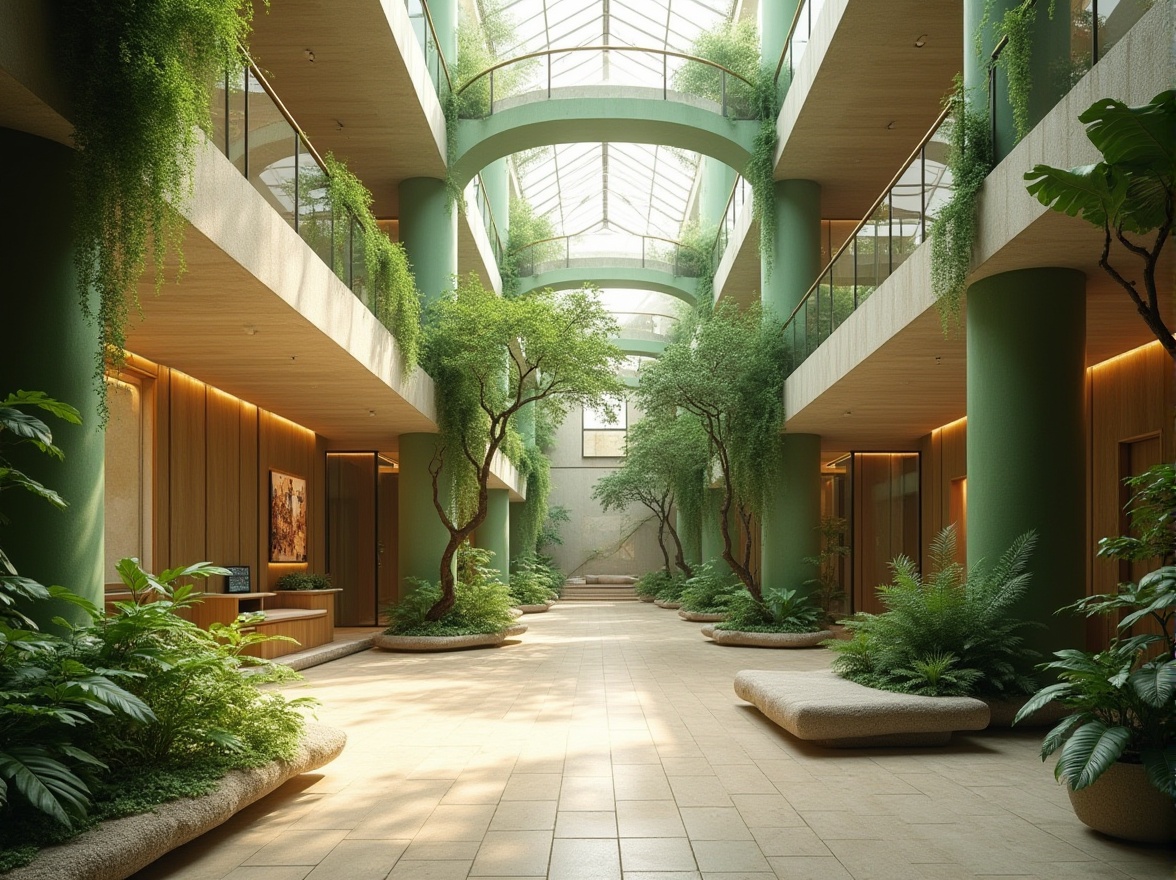 Prompt: Vibrant atrium, lush green walls, natural stone floors, abundant skylights, clerestory windows, soft diffused lighting, warm beige tones, earthy textures, organic shapes, minimalist decor, spacious open layout, dramatic vertical space, morning sunbeams, warm afternoon glow, subtle shading, 1/1 composition, realistic renderings, ambient occlusion.