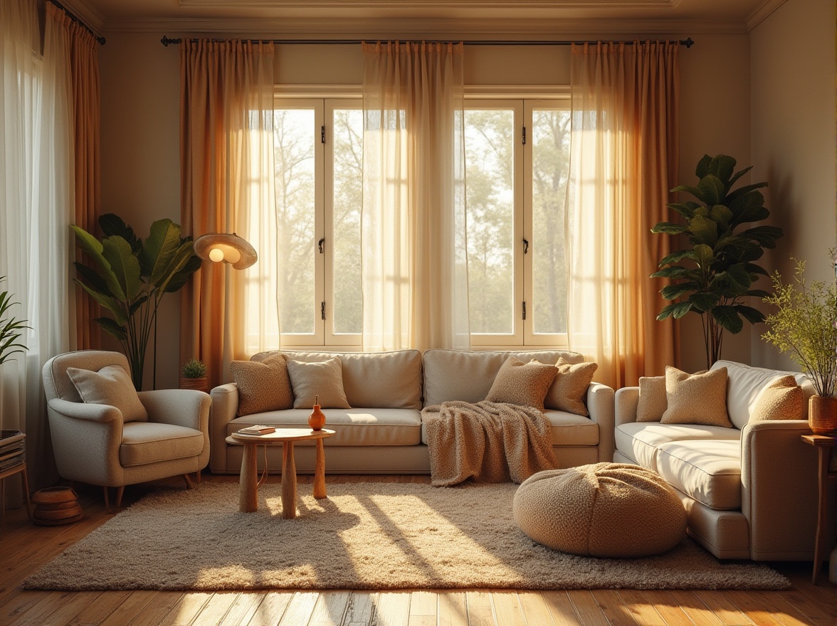 Prompt: Cozy living room, large windows, soft warm lighting, gentle daylight, comfortable seating area, plush carpets, natural textures, earthy tones, calming atmosphere, minimalist decor, subtle shading, sheer curtains, ambient illumination, 3/4 composition, realistic rendering, warm color palette.