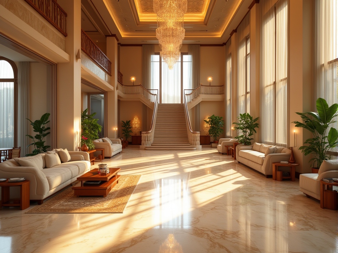 Prompt: Luxurious hotel lobby, grand staircase, elegant chandeliers, warm beige marble floors, comfortable seating areas, floor-to-ceiling windows, sheer curtains, soft natural light, warm color palette, wooden accents, plush furnishings, modern minimalist decor, cozy reading nooks, peaceful ambiance, morning sunlight, bright skylights, 1/1 composition, soft focus, atmospheric perspective.