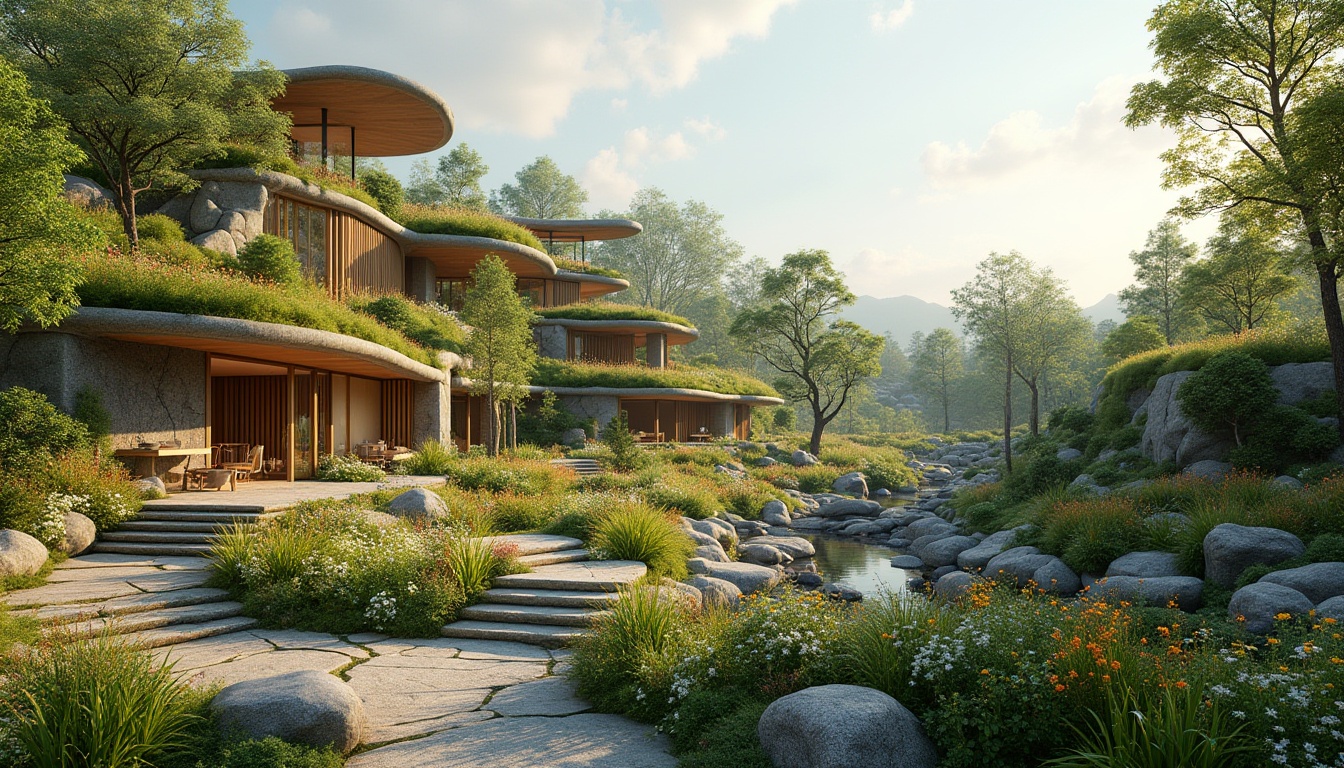 Prompt: Seamless landscape integration, curved green roofs, natural stone walls, wooden accents, organic forms, earthy tones, lush vegetation, meandering pathways, serene water features, sustainable design, eco-friendly materials, solar panels, rainwater harvesting systems, native plant species, vibrant wildflowers, warm sunny day, soft diffused lighting, shallow depth of field, 3/4 composition, panoramic view, realistic textures, ambient occlusion.