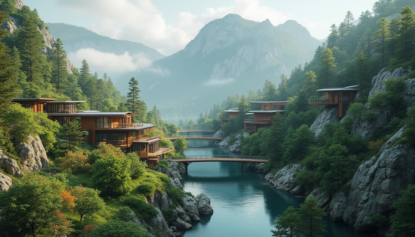 Prompt: Mountainous terrain, lush green forests, serene lakeside, meandering walking paths, natural stone walls, wooden bridges, modern architecture integration, cantilevered roofs, large windows, sliding glass doors, minimalist design, sustainable building materials, eco-friendly infrastructure, innovative water harvesting systems, green roofs, solar panels, wind turbines, vibrant colorful flora, misty atmosphere, soft warm lighting, shallow depth of field, 3/4 composition, panoramic view, realistic textures, ambient occlusion.