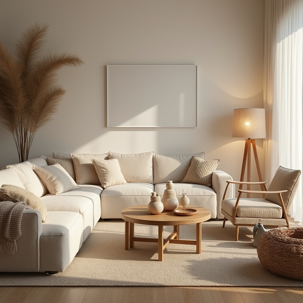 Prompt: Cozy living room, plush sofas, accent chairs, wooden coffee tables, soft cushions, pastel color schemes, natural textiles, woven baskets, floor lamps, warm ambiance, intimate settings, 1/1 composition, shallow depth of field, realistic fabrics, ambient occlusion.