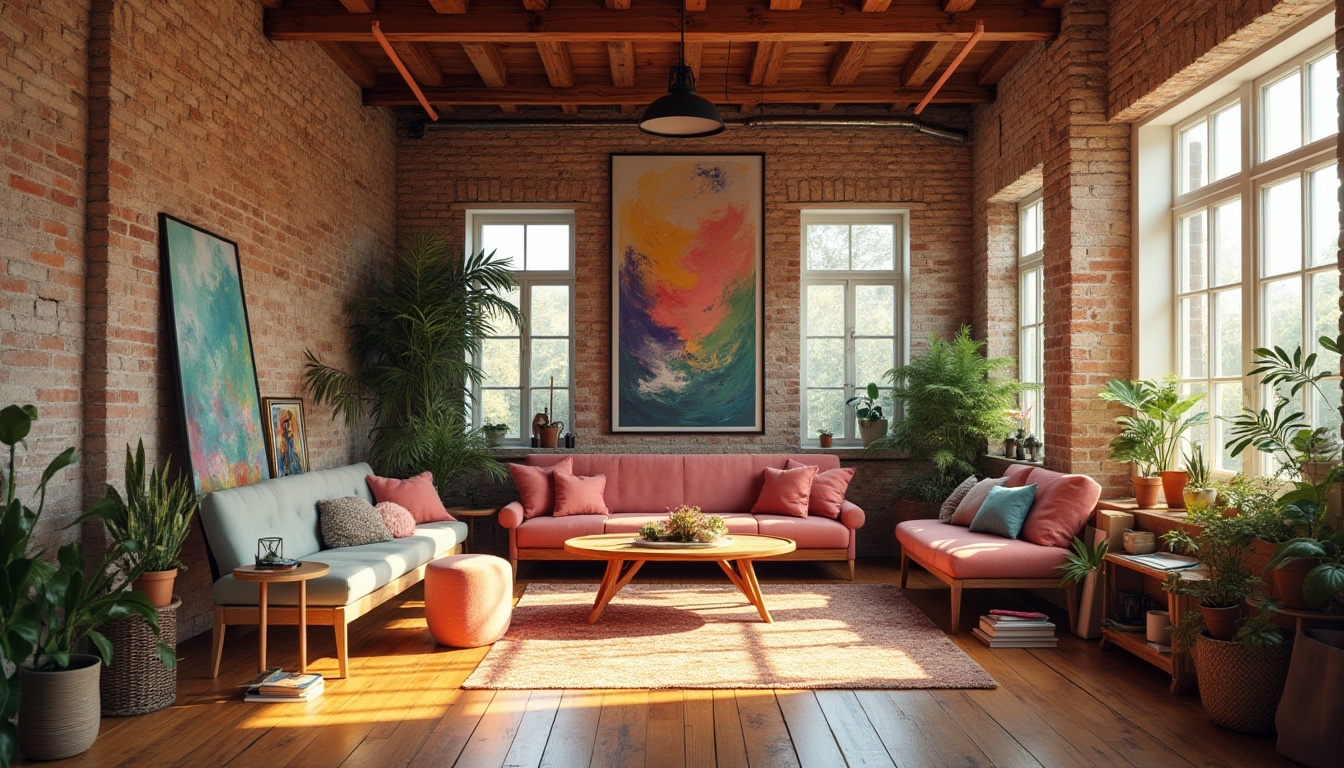 Prompt: Vibrant art studio, eclectic furniture pieces, abstract artwork, exposed brick walls, polished wooden floors, natural textiles, rich jewel tones, bold accent colors, soft pastel hues, earthy undertones, warm golden lighting, shallow depth of field, 1/2 composition, realistic textures, ambient occlusion.