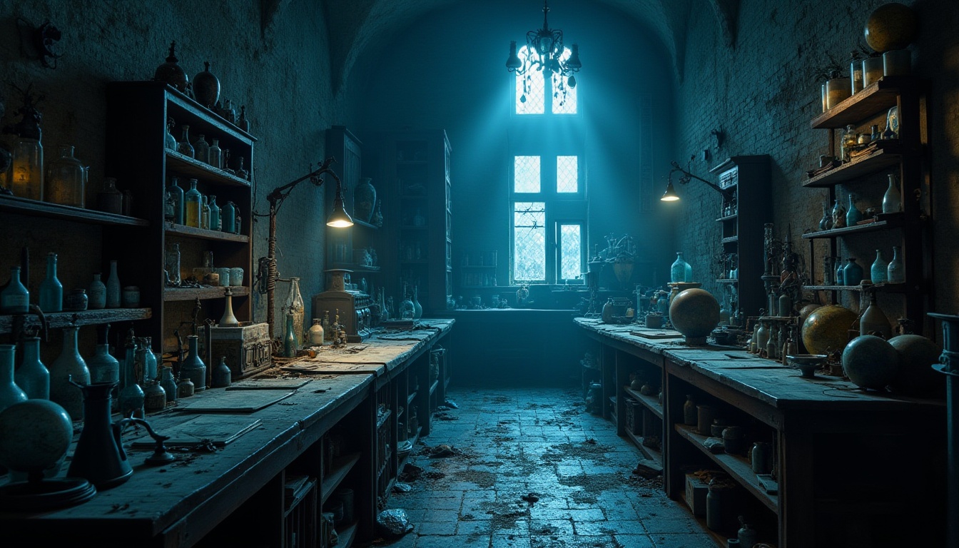 Prompt: \Mysterious abandoned laboratory, Prussian blue dominated color scheme, vintage scientific equipment, distressed wooden shelves, old-fashioned beakers, antique globes, dimly lit atmosphere, soft misty lighting, shallow depth of field, 1/1 composition, realistic textures, ambient occlusion, worn stone walls, rusty metal accents, eerie silence, forgotten knowledge, ancient tomes, mysterious artifacts.\