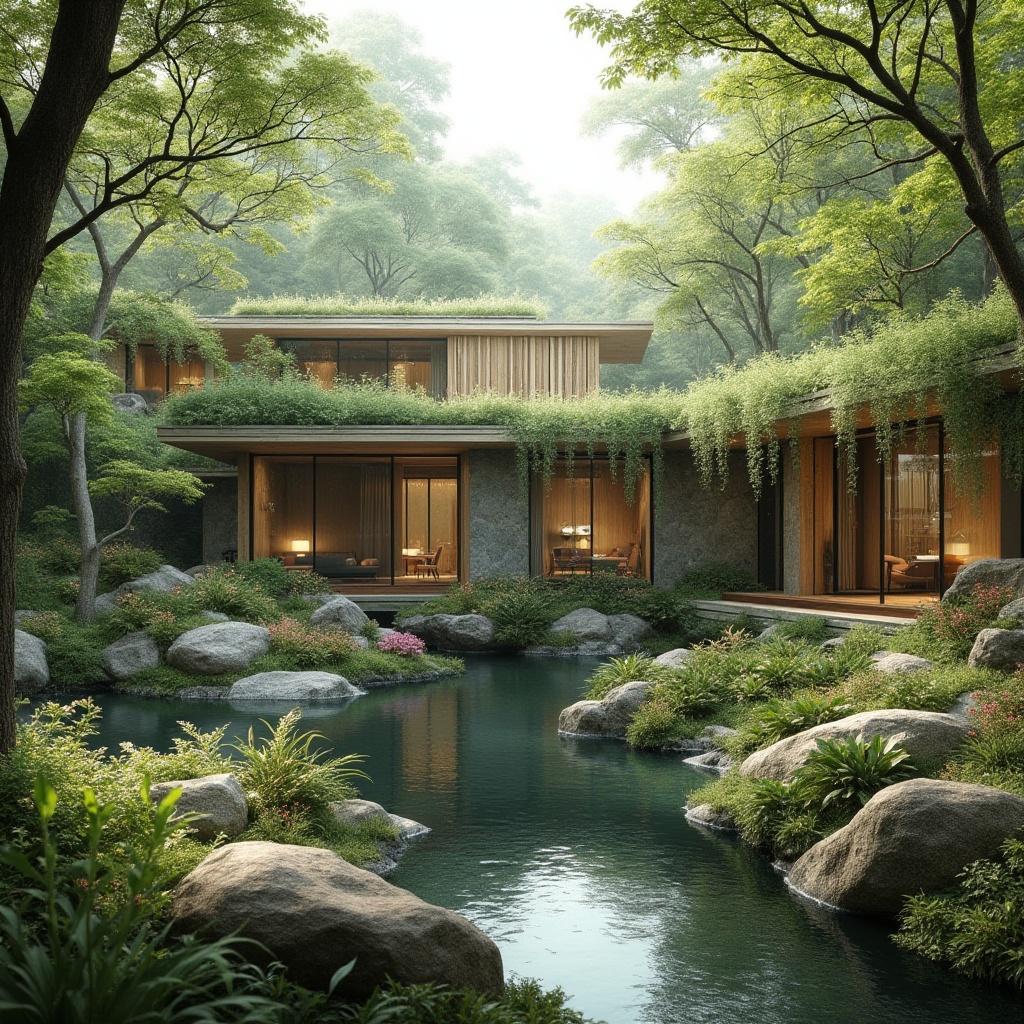 Prompt: Harmonious landscape integration, blending architecture with nature, serene forest surroundings, gentle water features, lush green roofs, natural stone walls, wooden accents, large windows, sliding glass doors, minimalist modern design, eco-friendly materials, sustainable energy solutions, solar panels, wind turbines, rainwater harvesting systems, vibrant colorful flora, intricate branch patterns, soft warm lighting, shallow depth of field, 3/4 composition, panoramic view, realistic textures, ambient occlusion.