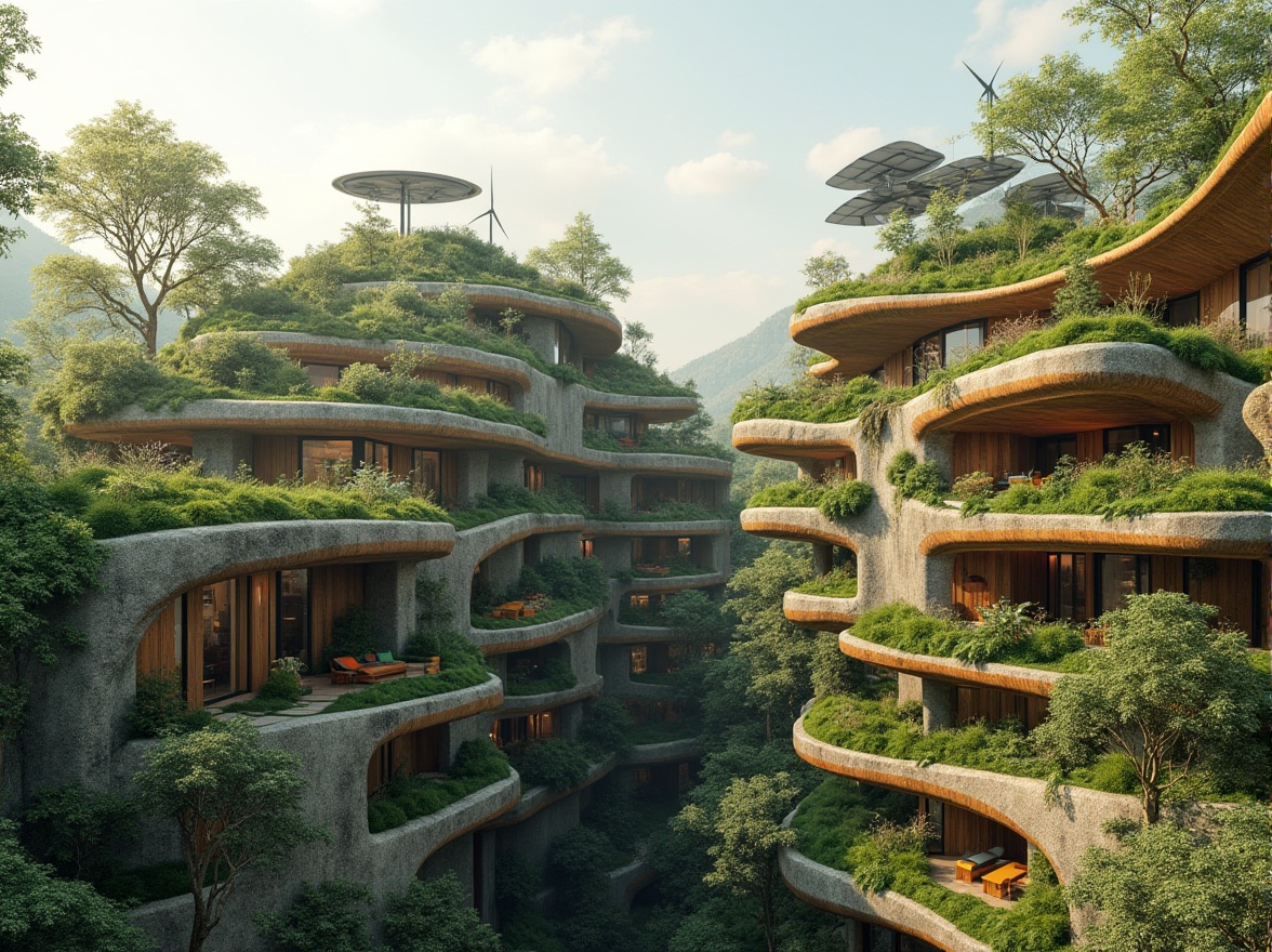 Prompt: Eco-friendly buildings, lush green roofs, solar panels, wind turbines, rainwater harvesting systems, natural stone facades, reclaimed wood accents, living walls, verdant balconies, organic shapes, curved lines, minimalist aesthetic, earthy color palette, soft warm lighting, shallow depth of field, 1/1 composition, realistic textures, ambient occlusion.