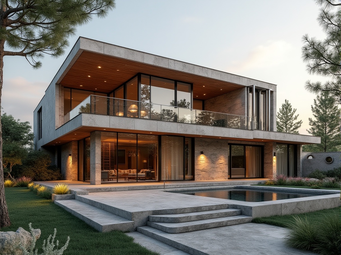 Prompt: Luxurious modern villa, granite exterior cladding, sleek lines, minimalist facade, large windows, sliding glass doors, rustic stone walls, elegant entranceway, natural textures, earthy color palette, warm ambient lighting, shallow depth of field, 3/4 composition, realistic rendering, high-end architectural design.