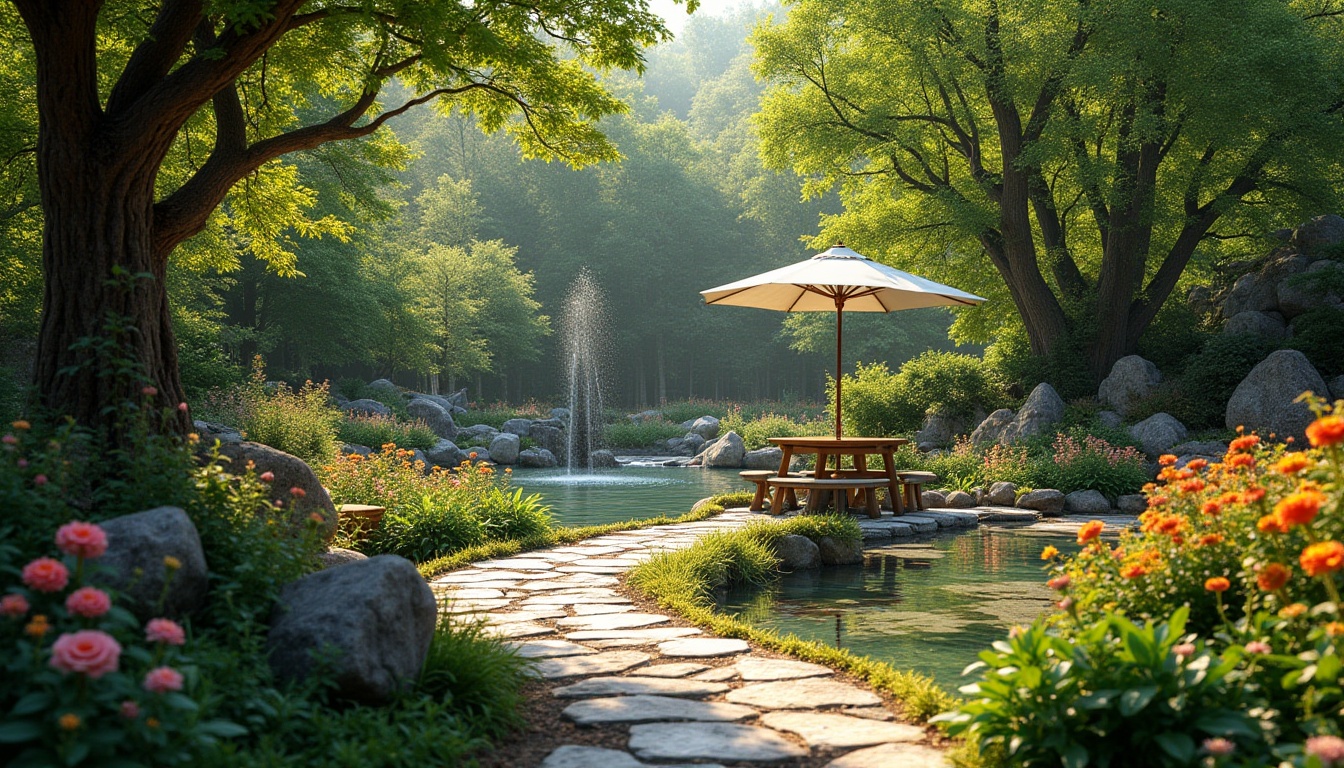 Prompt: Serenely tranquil garden, lush greenery, vibrant blooming flowers, meandering stone pathways, rustic wooden benches, peaceful water features, soft gentle fountains, natural rock formations, majestic trees, warm sunny day, dappled shade, ambient lighting, shallow depth of field, 3/4 composition, panoramic view, realistic textures, misty atmosphere, subtle fragrance, calming soundscape.